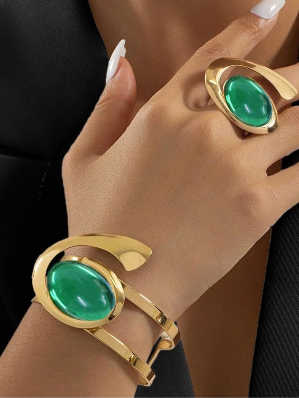 Anthropologie Gold-Tone Bracelet and Ring Set with Green Cabochons